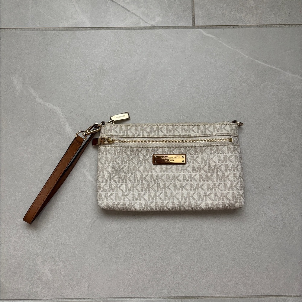 Michael Kors Cream and Brown Wristlet with Signature Monogram